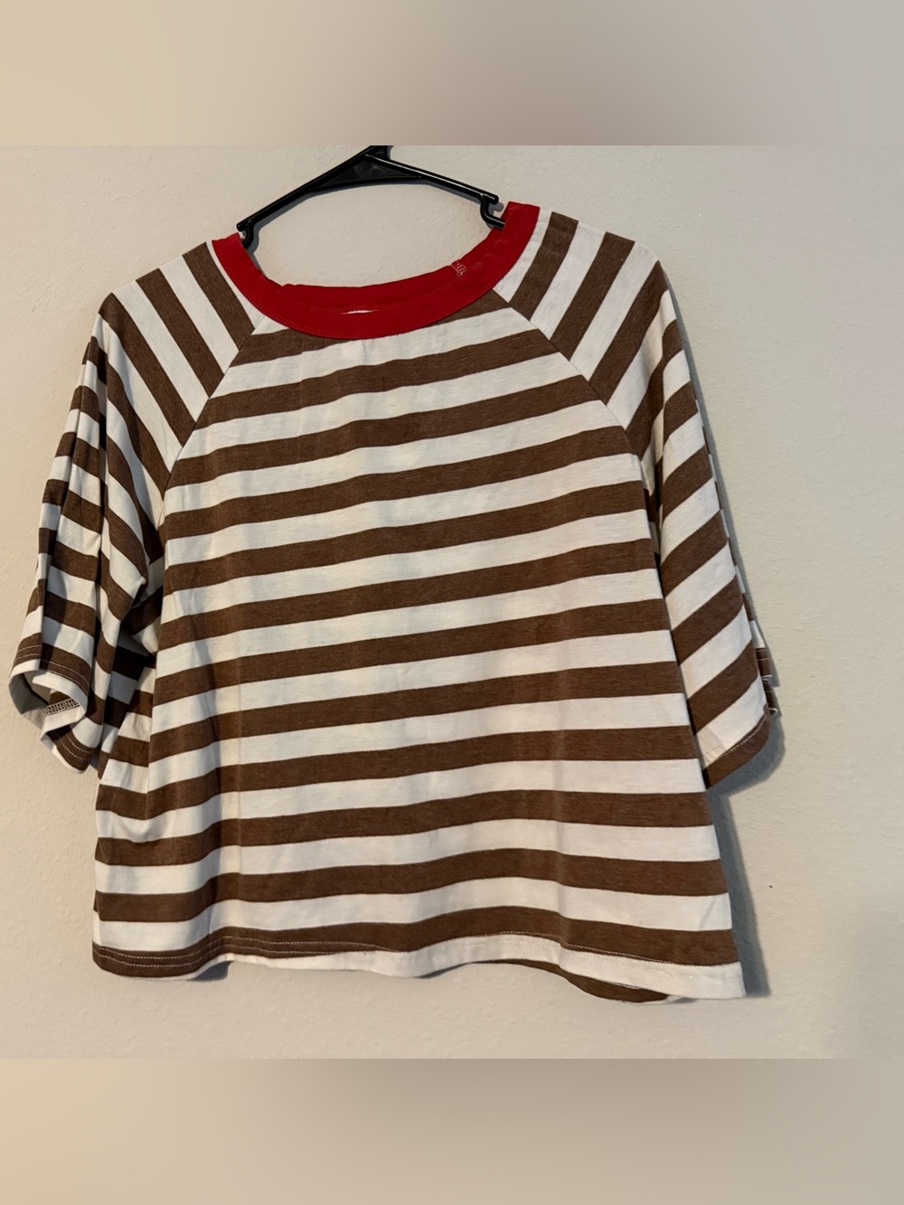 Striped Tee with Red Crew Neck Collar